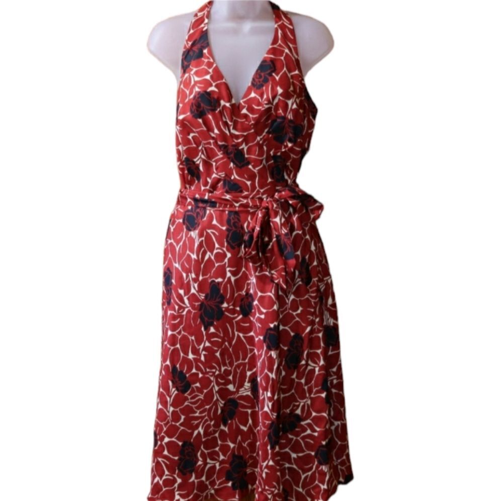 Ann Taylor Petite Red Floral Halter Belted Dress 8 Petite